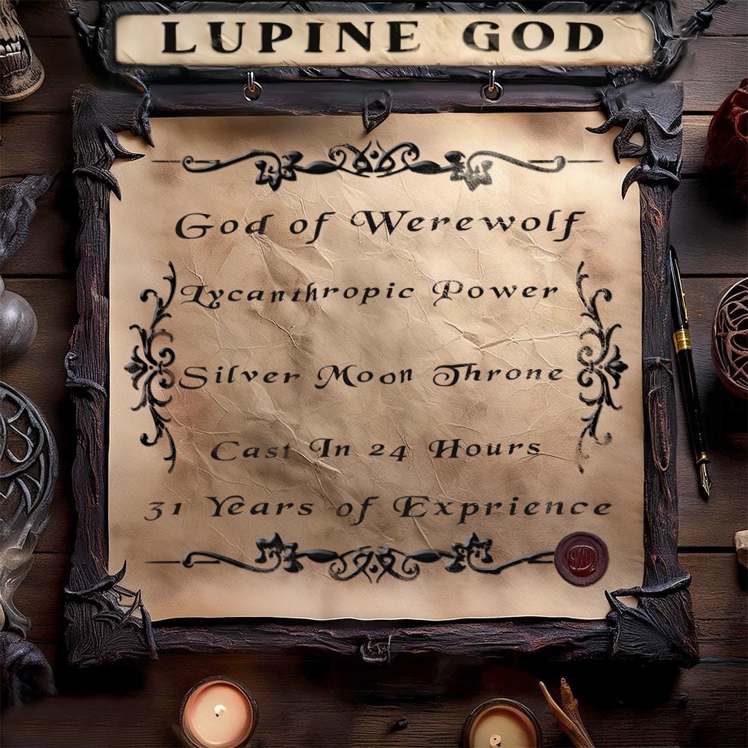 Dieu Lupin | Rituel du Dieu des Loups-garous | Ascension lycanthropique divine | Trône de l'Éclipse de Lune Pourpre | Rite du Souverain Lupin