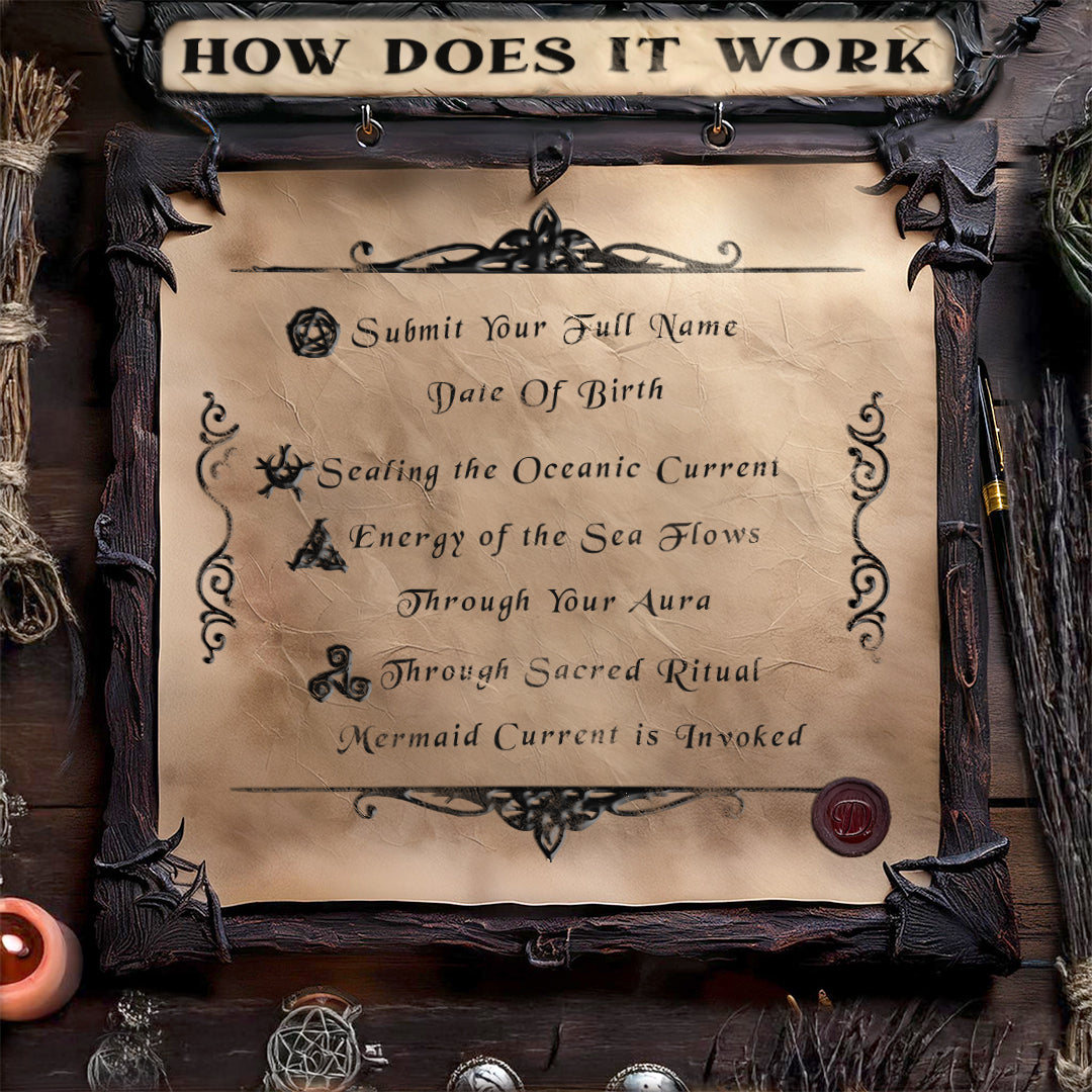 Decorative text on a parchment-like background with mystical elements.