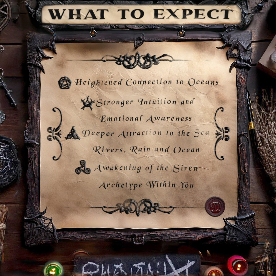 Decorative text on a parchment with mystical elements on a wooden background